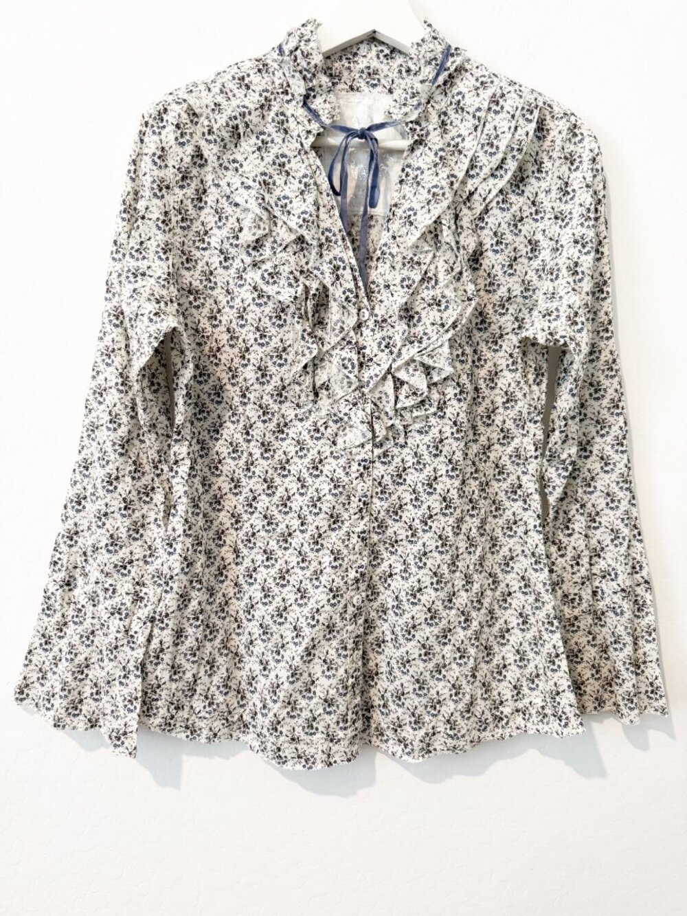 Cino Floral Ruffle‎ Blouse Extra Small Cotton Velvet Tie Boho Cottagecore Top